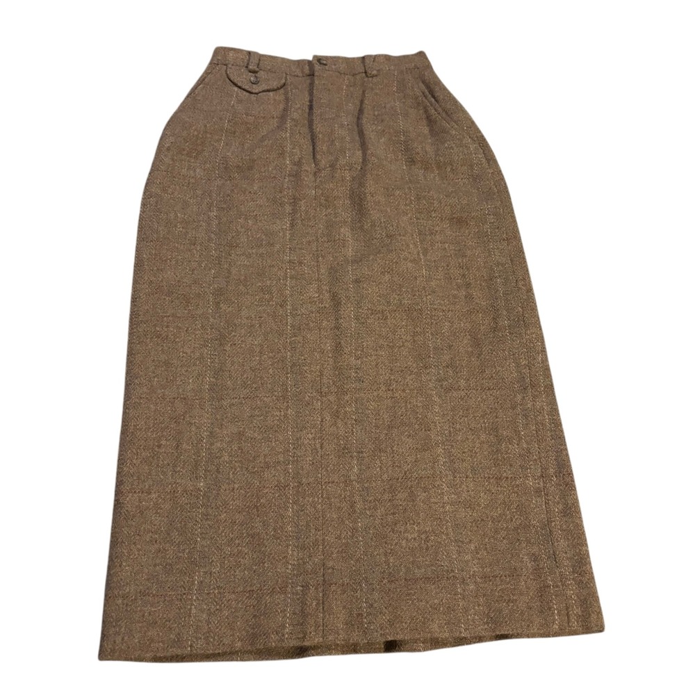 Ralph Lauren Vintage Brown Wool Herringbone Windowpane Midi Skirt USA Made 8